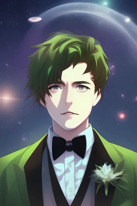 meitu, beetlejuice, anime, manga style, alex brightman starring as beetlejuice,1boy, aurora, beard, black bow, black bowtie, bow, bowtie, facial hair, formal, green eyes, green hair, male focus, mustache, night, night sky, realistic, shooting star, sky, solo, space, sparkle, star \(sky\), starry sky, suit, tuxedo, wlop, guweiz, meitu