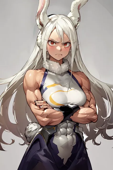 1girl, solo, mirko, rabbit ears, white fur collar, standing, angry, scowl, arms crossed, <lora:mirkoMyHeroAcademia_vThickThighs:1>, muscular, <lora:muscleGirl_v1:0.6>