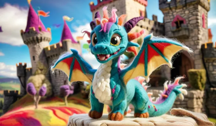 <lora:WoolifySDXLv1:1>, w00len, a wool fluffy dragon in front of a woolen colorful medieval castle, octane renderer, a tilt shift photo, net art, wide angle shot