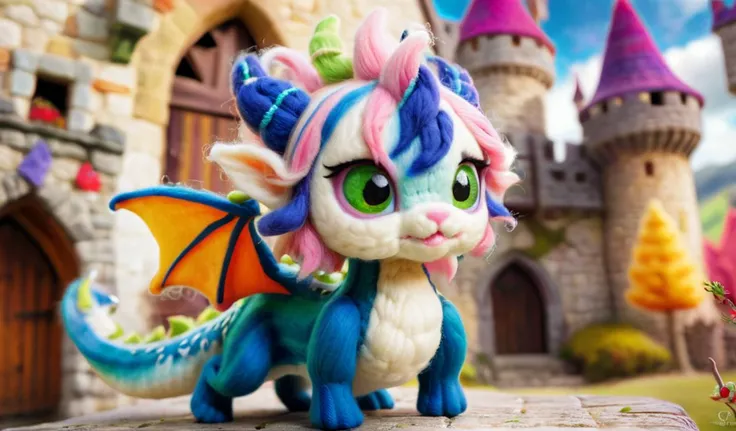 <lora:WoolifySDXLv1:1>, w00len, a wool fluffy dragon girl in front of a woolen colorful medieval castle, octane renderer, a tilt shift photo, net art, wide angle shot