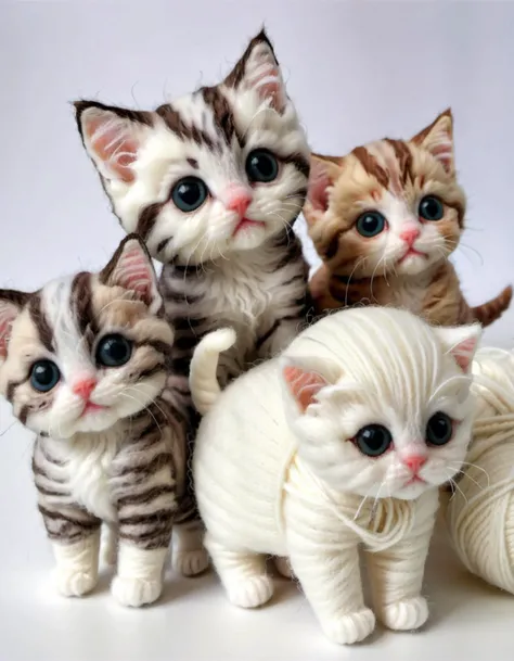 w00len <lora:WoolifySDXLv1:1.2>, a photorealistic close up picture of kittens made out of wool and yarn, yarn, (highly detailed:1.0),(masterpiece, best quality, realistic, detailed:1.1)