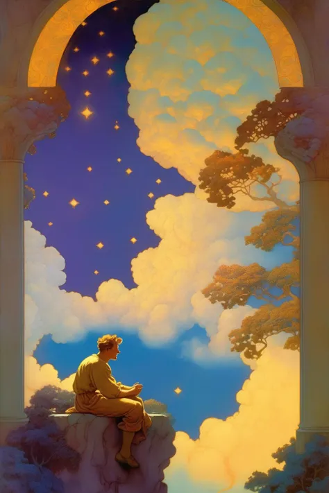 <lora:Maxfield Parrish Style:1>Maxfield Parrish Style - illustration in the style of Maxfield Parrish of a man dreaming, luminous, fantastical, highly detailed, high definition, unique approach to color, light, and composition,sense of enchantment and otherworldliness, highly imaginative, with a harmonious and dreamlike quality, skillful rendering of light and its effects, painting is meticulously crafted, with intricate patterns, textures, and architectural elements, sense of ornate beauty