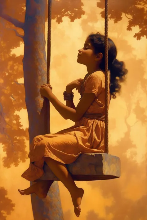 <lora:Maxfield Parrish Style:1>Maxfield Parrish Style - young Indian girl on a swing, face in repose and contemplation in the style of Maxfield Parrish, light impasto painting masterpiece