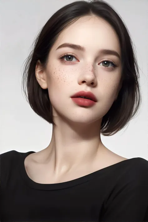 close up portrait of female in her Early thirties wearing plain black shirt, Rose lipstick, Upper Lip Protrusion, Porcelain skin, A smattering of sun freckles on the shoulders,  Black eyes, Prominent Eye Shape, Gently rounded square face, Tired facial expression, Feathered eyebrows, Straight Nose, Pistachio Shell Blonde  Short choppy hairstyle || portrait, skin, hair, masterpiece, 8k, high resolution, shallow depth of field, sharp focus