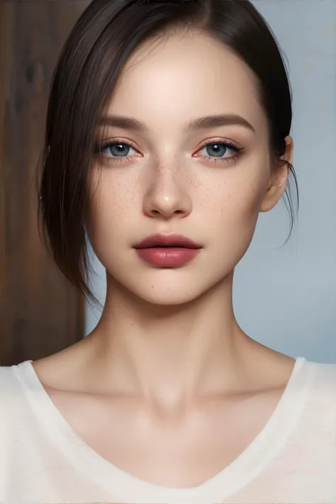 close up portrait of female in her Late thirties wearing plain black shirt, Rose lipstick, Flat Lips, Espresso skin, A smattering of barely-there freckles across the bridge of the nose, Blue eyes, Almond Eye Shape, Triangular face, Thoughtful facial expression, Thin eyebrows, Aquiline Nose, Dark Blonde Medium Length Blunt Cut Hairstyle || portrait, skin, hair, masterpiece, 8k, high resolution, shallow depth of field, sharp focus