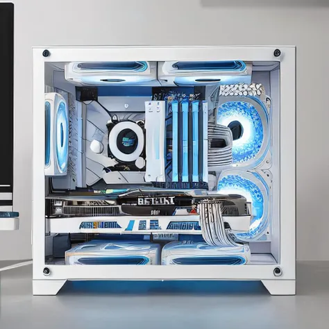 <lora:box-HXZ:0.8>no humans, Computer Case,RTX graphics card,white appearance,bule fan