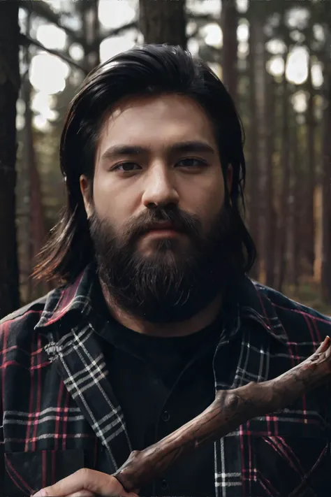 <lora:lowra:0.7>, dark theme, handsome man wearing flannel shirt, lumberjack, forest, holding wood axe, beard || masterpiece, perfect quality, sharp focus, shallow depth of field, 8k