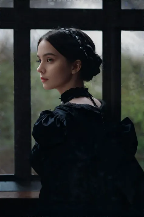 <lora:lowra:0.7>, dark theme, woman wearing victorian dress, looking out window || masterpiece, perfect quality, sharp focus, shallow depth of field, 8k