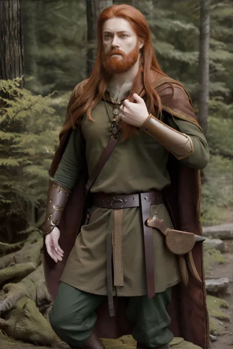 <lora:norsemensclothes:0.7>, norsemenclothes, tall redhead man in forest, beard, long hair, tunic, cloak, cape, belt, satchel, leather vambrace, pants || masterpiece, perfect quality, sharp focus, shallow depth of field, 8k