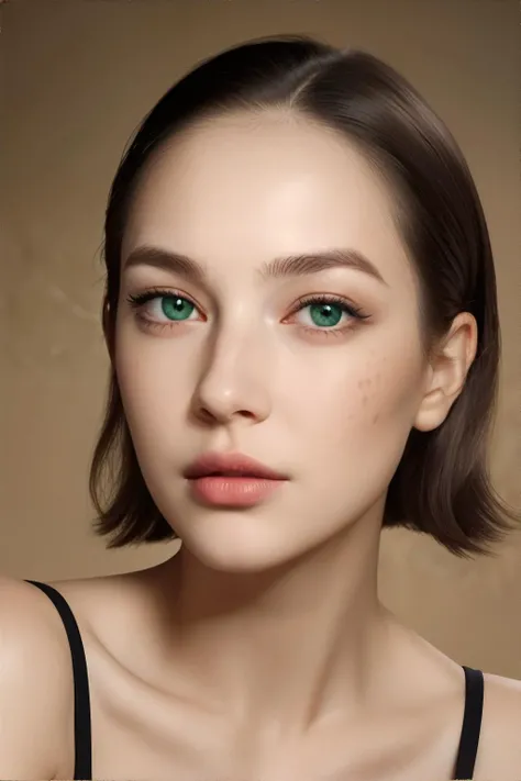 close up portrait of female in her Late thirties wearing plain black shirt, Nude lipstick, Wide Lips, Honey skin, A couple of blemishes from hormonal acne on the jawline, Green eyes, Round Eye Shape, Tapered square face, Impressed facial expression, S-shaped eyebrows, Straight Nose, Gingersnap Brown Short tapered hairstyle || portrait, skin, hair, masterpiece, 8k, high resolution, shallow depth of field, sharp focus