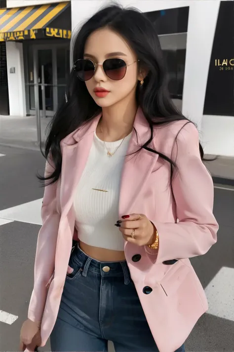 <lora:chicjackets:0.7>, edgCJ, woman wearing pink chic jacket, black hair, sunglasses, jeans || masterpiece, perfect quality, sharp focus, shallow depth of field, 8k