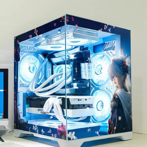 <lora:box-HXZ:0.8>no humans, Computer Case,bule appearance,girls tags,RTX,bule fan,white fan