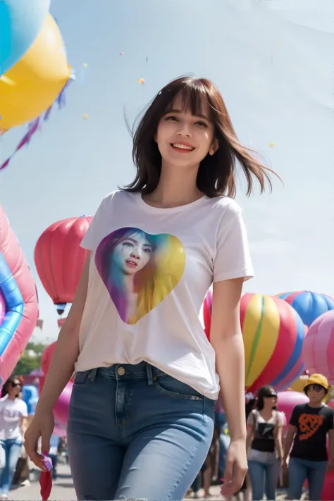 woman, Curtain Bangs, Upturned Eyes, A Nose with an Awkward Bump Shape, Giggling, Walking, wearing Jeans and T-shirt, Colorful Balloon Festival in background, masterpiece, 8k, high resolution, shallow depth of field, sharp focus