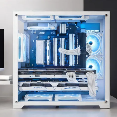 <lora:box-HXZ:0.8>no humans, Computer Case,white appearance,bule fan,RTX