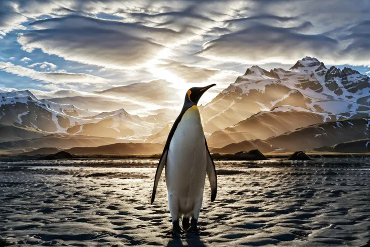<lora:animals-HXZ:0.7>polar animals, animals, no humans, bird, scenery, outdoors, cloud, sky, mountain,penguin