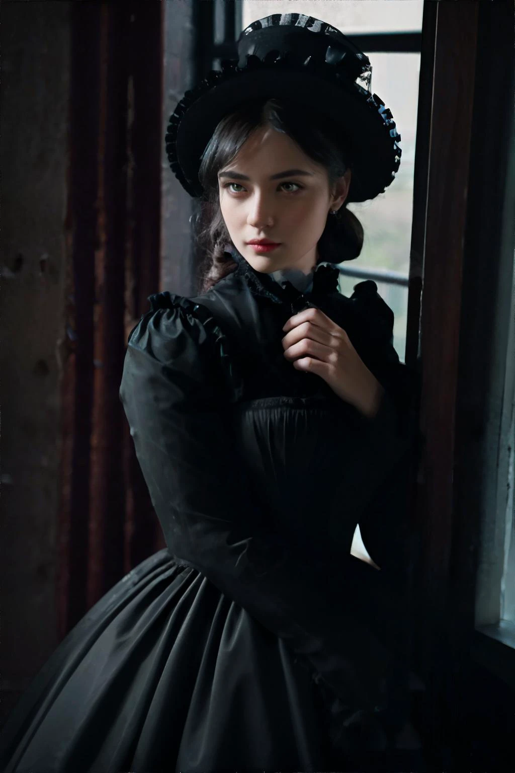 <lora:lowra:0.7>, dark theme, woman wearing victorian dress, looking out window || masterpiece, perfect quality, sharp focus, shallow depth of field, 8k
