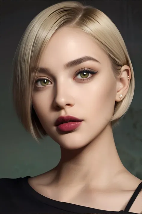close up portrait of female in her Mid-twenties wearing plain black shirt, Orchid lipstick, Drooping Lips, Light skin, Slight puffiness under the eyes, Dark Green eyes, Prominent Eye Shape, Tapered square face, Surprised facial expression, Microbladed eyebrows, Nubian Nose, Lemon Blonde Short graduated bob hairstyle || portrait, skin, hair, masterpiece, 8k, high resolution, shallow depth of field, sharp focus