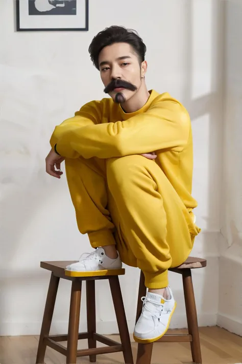 man sitting on a stool with one leg up and elbow resting on knee, honey mid fade, imperial mustache, wearing mustard yellow joggers, freckles || photorealistic, skin, fabric, hair, masterpiece, 8k, high resolution, shallow depth of field, sharp focus
