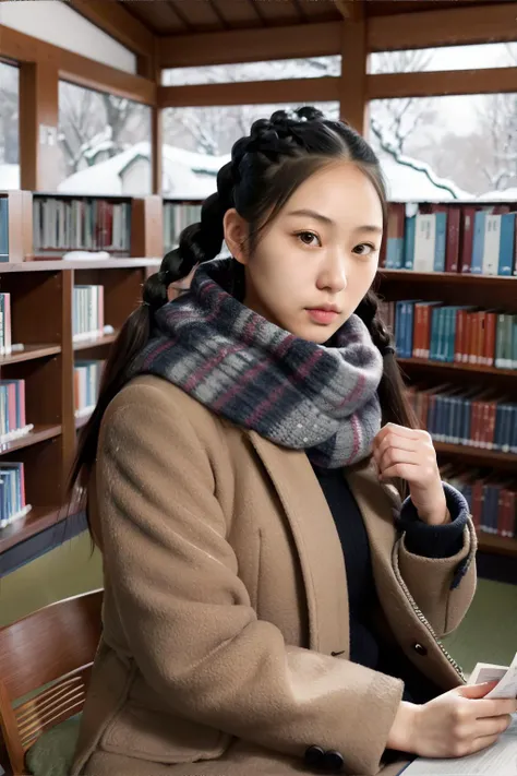 Japanese woman, Braids, Sloped Eyes, A Nose with an Awkward Bump Shape, Striking a Dramatic Pose, Casual Lean, wearing Winter Coat and Scarf, Peaceful Library Reading Nook in background, masterpiece, 8k, high resolution, shallow depth of field, sharp focus