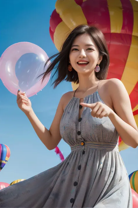 woman, A-Line Cut, Downturned Eyes, A Nose with an Adorable Button Shape, Giggling, Hand Gestures, wearing Maxi Dress, Colorful Balloon Festival in background, masterpiece, 8k, high resolution, shallow depth of field, sharp focus