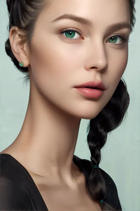 close up portrait of female in her Late thirties wearing plain black shirt, Salmon lipstick, Uneven Lips, Tawny skin, A light dusting of acne on the jawline, Light Green eyes, Monolid Eye Shape, Rounded diamond face, Shy facial expression, S-shaped eyebrows, Nubian Nose, Granny Smith Apple Blonde Medium Length Fauxhawk Braid Hairstyle || portrait, skin, hair, masterpiece, 8k, high resolution, shallow depth of field, sharp focus