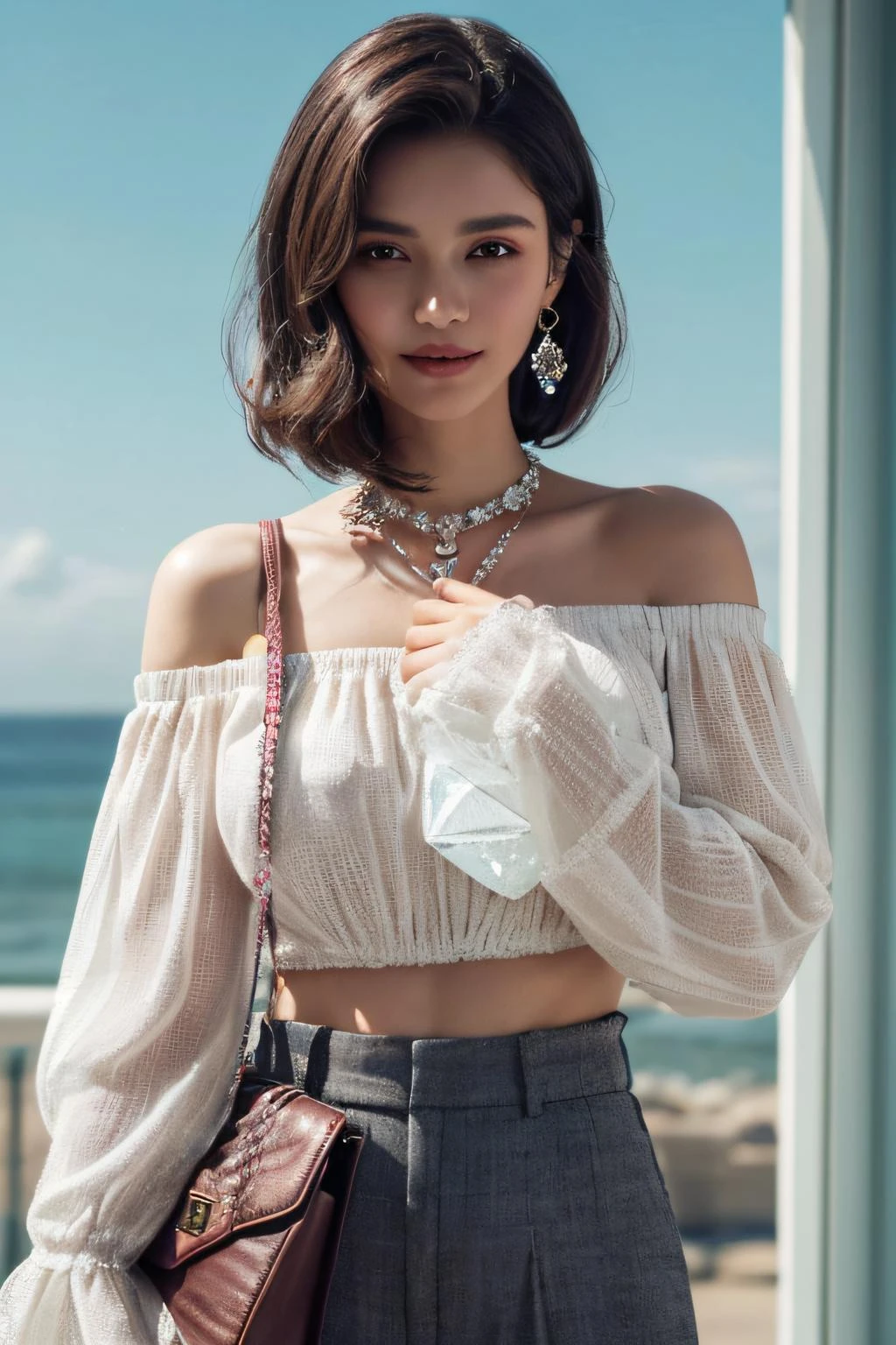(pastel color:1.1), (High detail RAW Photo), (extremely detailed skin, photorealistic, heavy shadow, dramatic and cinematic lighting, key light, fill light), sharp focus, film grain, grainy, cinematic, imperfect skin, fabrics, textures, detailed face, detailed skin, detailed fingers, warm colors NaturalHand2-3500, <lora:add_detail:0.3>
<lora:é¾çV1:0.3>smile, teeth,ziya,
(Off-the-shoulder_blouse:1.4),(Wide-leg_cropped_pants:1.3),(Woven_handbag:1.2),(((crystals texture Hair))),((beautiful detailed glass hair)),((glass shaped texture hand)),((crystallize texture body)),gem body,hands as clear as jewels,crystallization of clothes,((crystals texture skin)),sparkle, lens flare, light leaks,broken glass,detailed glass shaped clothes,beautiful detailed gemstone sky, gemstone sea, crystals texture flowers,((detailed crystallized clothing)),