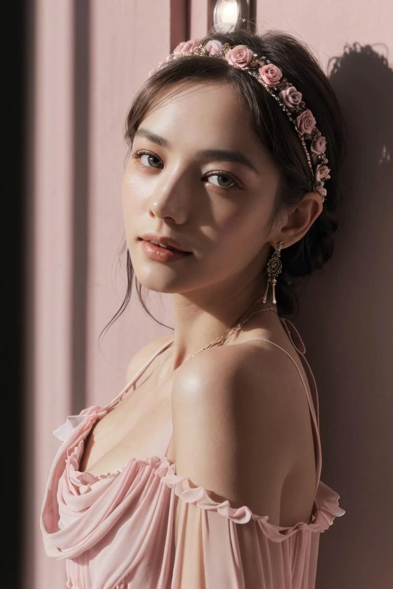 (pastel color:1.2), (High detail RAW Photo), 1980s \(style\), ((led strip lights)), (Buff and Rose pink ambient:1.3) ((close up:0.7)), (extremely detailed skin, photorealistic, heavy shadow, dramatic and cinematic lighting, key light, fill light), sharp focus, film grain, grainy, cinematic, imperfect skin, fabrics, textures, detailed face, detailed skin, warm colors NaturalHand2-3500, (pastel color:1.1), (High detail RAW Photo), (extremely detailed skin, photorealistic, heavy shadow, dramatic and cinematic lighting, key light, fill light), sharp focus, film grain, grainy, cinematic, imperfect skin, fabrics, textures, detailed face, detailed skin, detailed fingers, warm colors NaturalHand2-3500, <lora:add_detail:0.3>(upper_body:1.2),(seductive smile:1.1),(Boho_chiffon_maxi_dress:1.5),(Feather_headpiece:1.4),(Barefoot_sandals:1.3),
<lora:é¾çV1:0.3>smile, teeth,ziya,