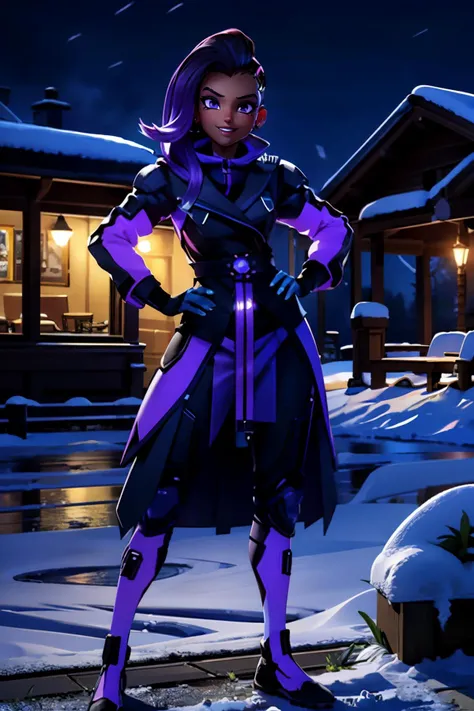 owsombra, purple eyes, mole under eye, looking at viewer, smiling, full body shot, standing, hands on hips, outside, snow, docks, night time, high quality, masterpiece, <lora:owsombrav2p:.7>