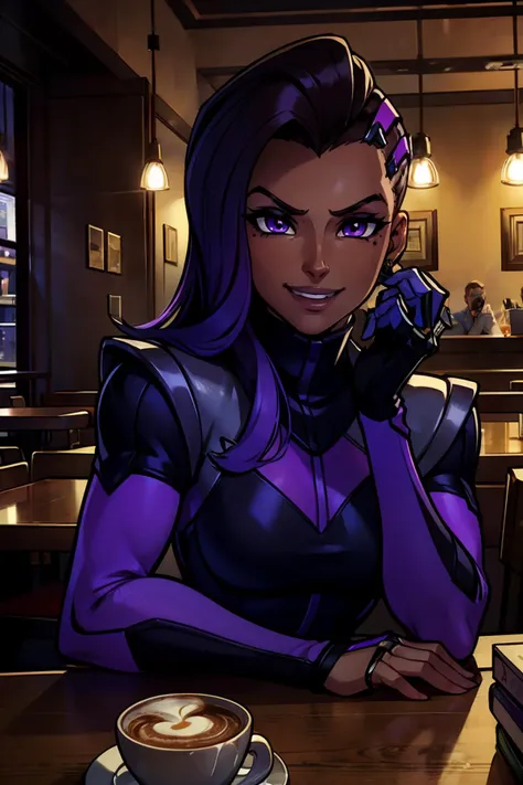 owsombra, purple eyes, mole under eye, looking at viewer, smiling, evil grin, upper body shot, sitting, inside a cafe, holding a cappuccino, romantic ambiance, high quality, masterpiece <lora:owsombrav2p:.7>