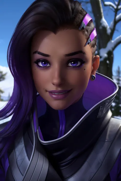 sombra, purple eyes, mole under eye, looking at viewer, smiling, close up portrait, outside, snow, field, trees, blue sky, high quality, masterpiece <lora:owsombrav2p:.7>