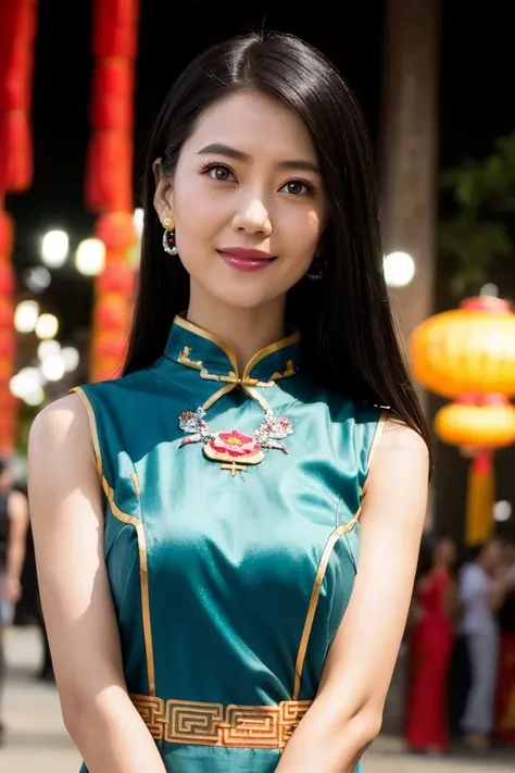 (sleeveless chinese clothes:1.5), long hair, floral print, light smile, looking_at_viewer, depth of field,outdoors, night cityscape, (1girl:1.6), ulzzang-6500v1.1, (original: 1.2), (realistic: 1.3) , beautiful girl with beautiful details, extremely detailed eyes and face, eyes with beautiful details, absurd, incredibly absurd, huge file size, ultra detail, high resolution, ultra detailed, best quality, masterpiece, illustration, ultra detailed and beautiful, ultra detailed, CG, unity, 8k wallpaper, amazing, fine Detail, masterpiece, top quality, official art, extremely detailed CG unity 8k wallpaper, cinematic lighting, (perfect shiny skin:0.6), slim and smooth lines, (floating), (small breasts:1), diamond earrings , necklace,