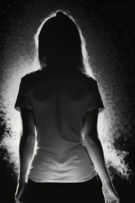 (Realisitc:1.5) (view from back) EdobShadow a woman in the dark, Standing with one hand on hip and other arm extended up and over head, (black background:1.3) <lora:EdobShadow_v1.0:1>