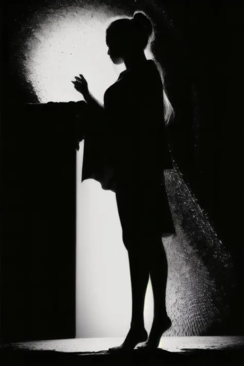 (Realisitc:1.5) (view from right side) EdobShadow a woman in the dark, Standing with arms extended out and palms facing up, (black background:1.3) <lora:EdobShadow_v1.0:1>
