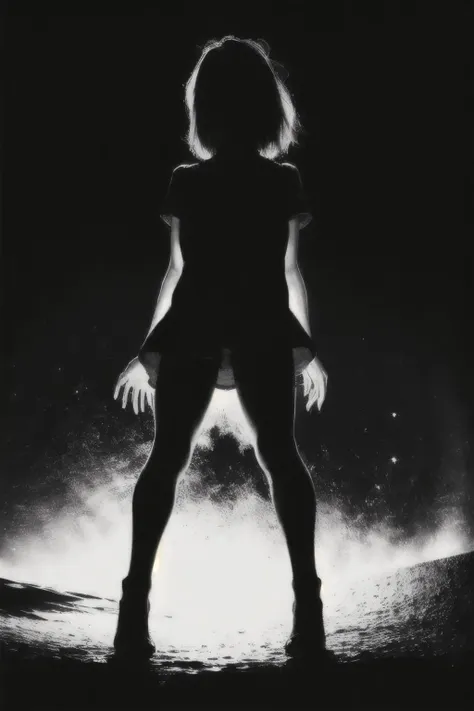 (Realisitc:1.5) (view from top) EdobShadow a woman in the dark, Standing with legs apart and arms extended out to the sides, (black background:1.3) <lora:EdobShadow_v1.0:1>