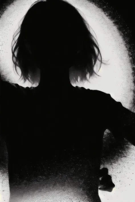 (Realisitc:1.5) (view from top) EdobShadow a woman in the dark, Standing with one hand on hip and one hand extended above head, (black background:1.3) <lora:EdobShadow_v1.0:1>