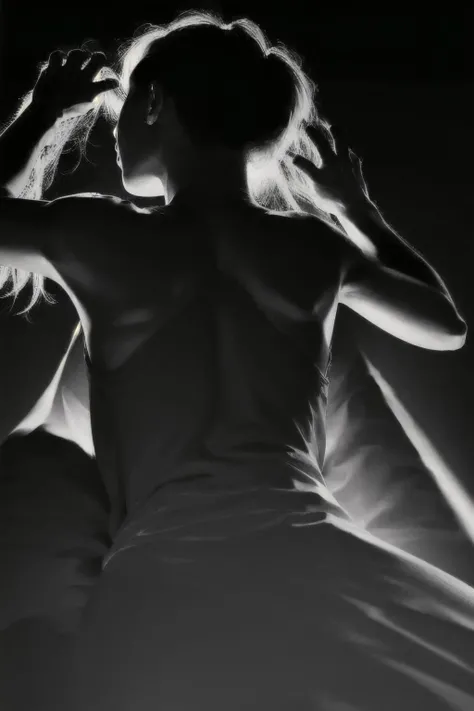 (Realisitc:1.5) (view from back) EdobShadow a woman in the dark, Lying on back with arms stretched out above head, (black background:1.3) <lora:EdobShadow_v1.0:1>