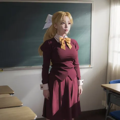 <lora:sernia_iori_flameheart_v2:0.8> sernia_iori_flameheart, blonde hair, twin drills, hair bow, large breasts, very long hair, classroom, school uniform, skirt, masterpiece, best quality