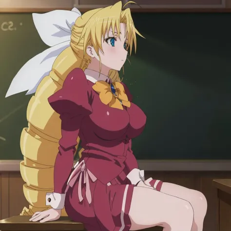 <lora:sernia_iori_flameheart_v2:0.8> sernia_iori_flameheart, blonde hair, blue_eyes, twin drills, hair bow, large breasts, very long hair, classroom, school uniform, skirt, masterpiece, best quality