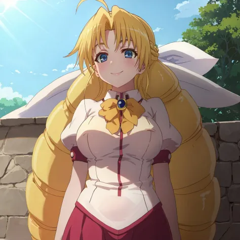 <lora:sernia_iori_flameheart_v1:0.8> sernia_iori_flameheart, blonde hair, large breasts, summer school uniform, drill hair, hair bow, long hair, outside, standing, upper body, sunlight, smile, masterpiece, best quality