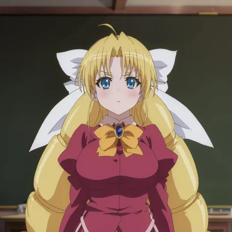 <lora:sernia_iori_flameheart_v1:0.8> sernia_iori_flameheart, blonde hair, large breasts, school uniform, drill hair, hair bow, long hair, anime screencap, standing, classroom, upper body, looking at viewer,, masterpiece, best quality