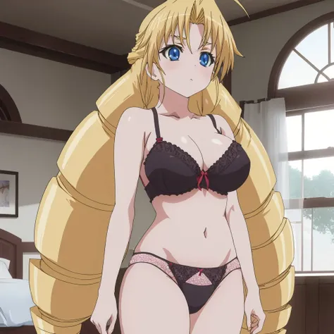 <lora:sernia_iori_flameheart_v2:0.7> sernia_iori_flameheart, blonde hair, twin drills, large breasts, very long hair, anime screencap, bedroom, black lace underwear,, masterpiece, best quality