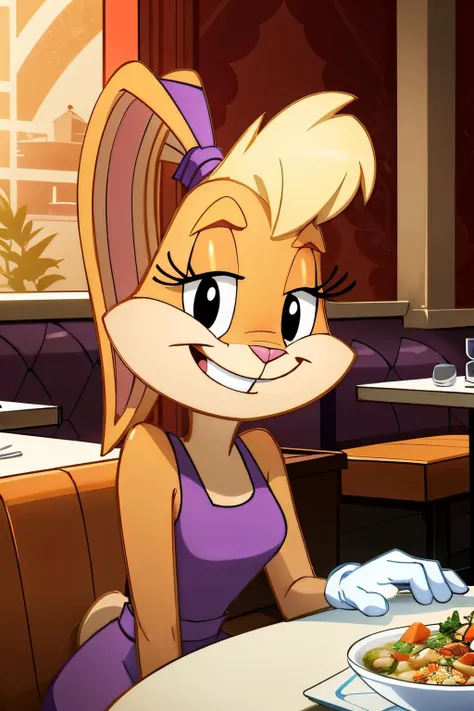 LolaTLTS, furry,animal nose, rabbit ears, black eyes, ponytail, hair tie, two-tone fur, gloves, blonde hair, eyelashes, purple dress, sleeveless, looking at viewer, smiling, sitting, behind a table, inside fancy restaurant, table full of food, soup, soft lighting, high quality, masterpiece, <lora:LolaTLTS:.6>