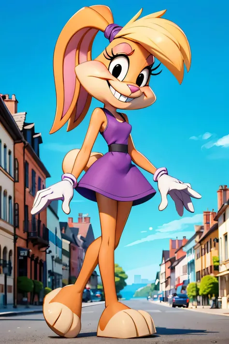LolaTLTS,furry, rabbit ears, animal nose, black eyes, ponytail, two-tone fur, hair tie, gloves, buck teeth, blonde hair, eyelashes, tail, purple dress, sleeveless, looking at viewer, smiling, full body shot, standing, outside, city, blue sky, high quality, masterpiece,  <lora:LolaTLTS:.6>