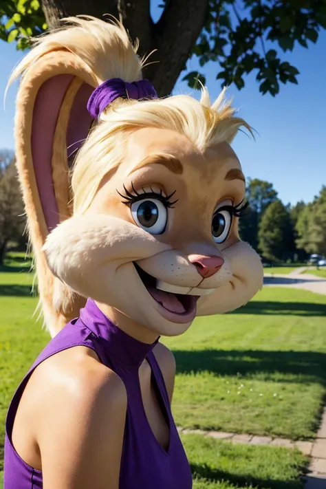 LolaTLTS, furry,animal nose, rabbit ears, black eyes, ponytail,  hair tie, two-tone fur, buck teeth, blonde hair, eyelashes, purple dress, sleeveless, looking at viewer, smiling, sitting, on sofa, legs together, inside cozy living room, soft lighting,  high quality, masterpiece,  <lora:LolaTLTS:.5>