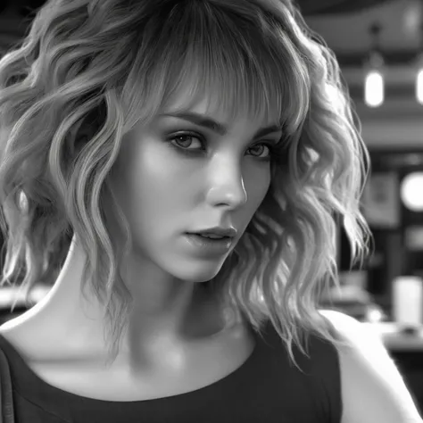 <lora:lilly_bell_xl_lora_35:1> lilly bell woman masterpiece, close up, concept art, highly detailed, (black and white), mid shot, centered, dynamic angle, cyberpunk theme, stylish, stylish hair, Cafe background, Volumetric lighting, depth of field, focused shot, (epic composition, epic proportion), Award winning, HD