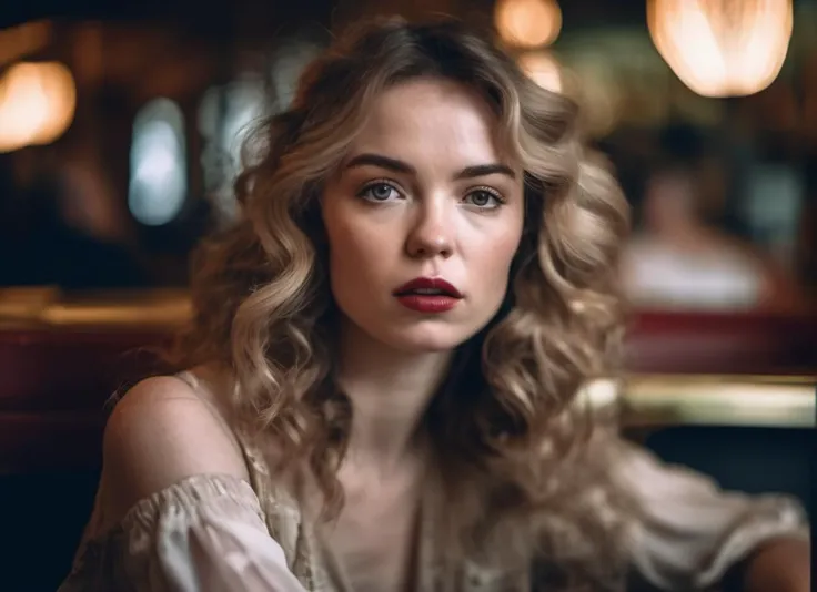 <lora:lilly_bell_xl_lora_10:1> lilly bell woman a close up portrait photo of a beautiful 26 y.o woman in a paris cafe, wearing vintage clothing, moody, vines, organic, modern, (high detailed skin:1.2), 8k uhd, dslr, soft lighting, high quality, film grain, Fujifilm XT3
