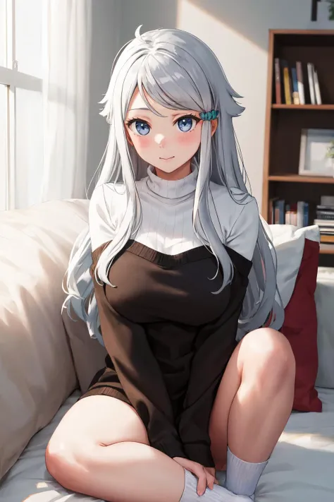 (High quality, High resolution, Fine details), living room, cozy atmosphere, modern background, neutral tones, pastel shades, pop color, (vertical striped black sweater), knit fabric, smooth texture, trendy outfit, stylish accessories, solo, curvy women, White hair, sparkling eyes, (Detailed eyes), direct eye contact with the viewer, smile, blush, Sweat, Oily skin, shallow depth of field, warm lighting, natural sunlight