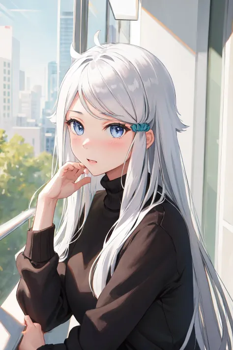 masterpiece, (detailed, highres, best quality), 1girl, <lora:spnayutaKani-08:1> nayutadef, hair scrunchie, straight-on, black sweater, black dress, white shirt, white socks, upper body, face focus