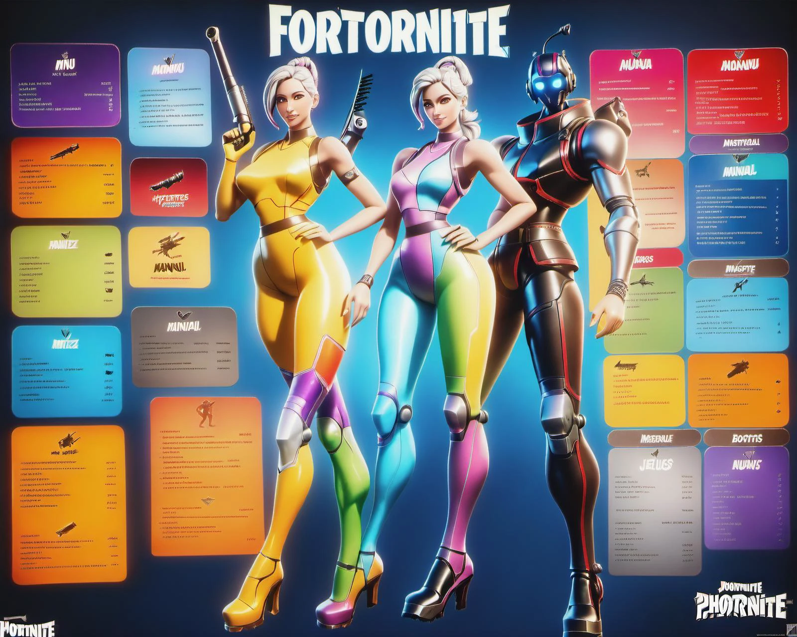 (intricate details:1.2), (photorealistic), (masterpiece), (photography), cinematic lighting, (hyperrealistic:1.2),
fortnite menu, parts info, diagram, manual, instructions, vintage poster, old colors
<lora:robot_info:0.5> robotinfo