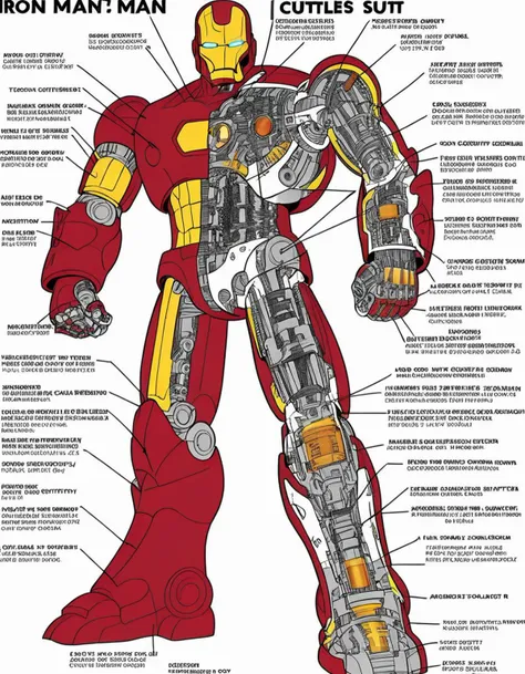 Imagine a technical cutaway diagram of Iron Man's suit. The outer layer of armor is partially transparent, revealing the complex inner workings underneath. You can see the intricate network of circuits, the support frame, and the energy pathways from the arc reactor to the rest of the suit. Each component is meticulously designed for functionality and strength. <lora:robot_info:0.75>